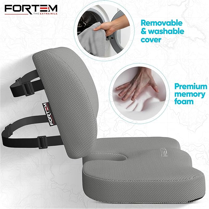 FORTEM Seat Cushion, Office Chair Cushion, Lumbar Support Pillow for Office Chair, Memory Foam Sciatica Coccyx Tailbone Pressure Pain Relief, Car Sitting Pad, Washable Non Slip, XL