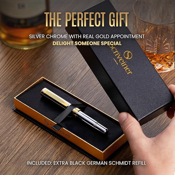 Scriveiner Luxury EDC Fountain Pen (Medium), Stunning Silver Chrome Luxury Pen, Real Gold Plating, Schmidt German Nib, Converter, Writing Gift Set for Men & Women, Nice Fancy Office Designer Pen