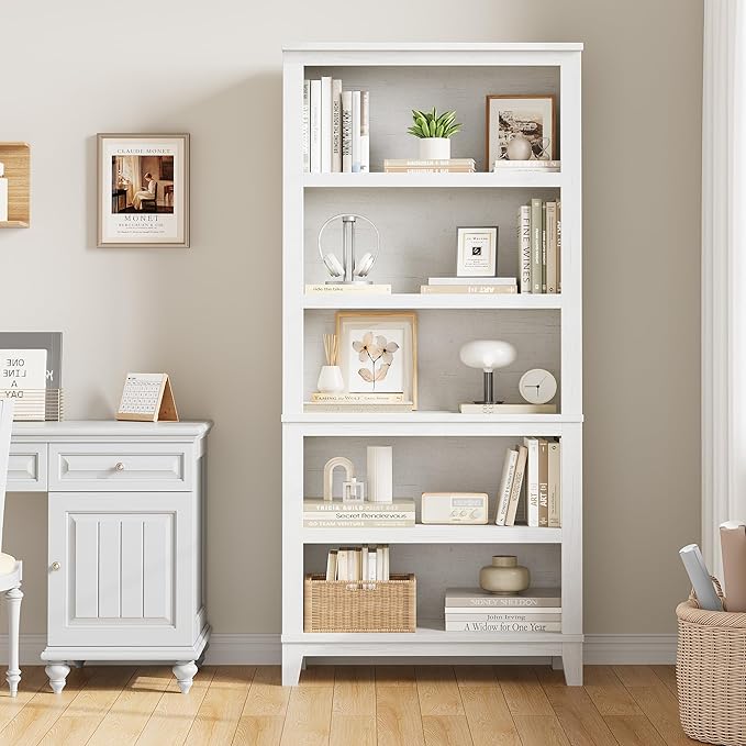 IDEALHOUSE 71" Farmhouse Bookshelf w/Adjustable Shelves & 31.5 in Whidth, 5 Tier Tall Bookshelf with Wooden Legs, Vintage Wooedn Book Shelf for Living Room Office (White, 71.3" H x 31.5" W x 11.8" D)