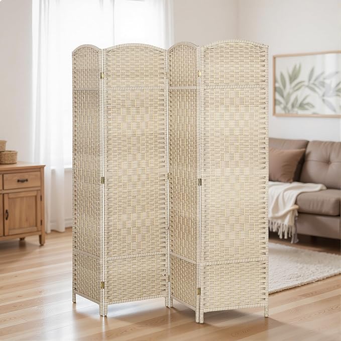 HOMCOM 4 Panel Room Divider, 6' Tall Folding Privacy Screen, Hand-Woven Freestanding Wall Partition for Home Office, Bedroom, Washed Oak