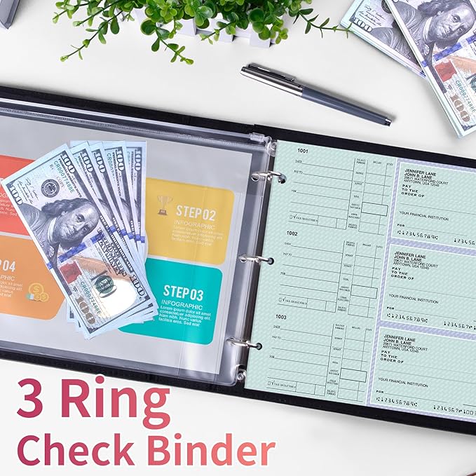 Antner 3 Ring Personal Check Binder for 3-on-a-Page End-Stub Deskbook & Personal 3 Holes or 9 Holes Small Size Checks, PU Leather Check Holder Checkbook Binder Cover with Zipper Pouch, Rose Gold