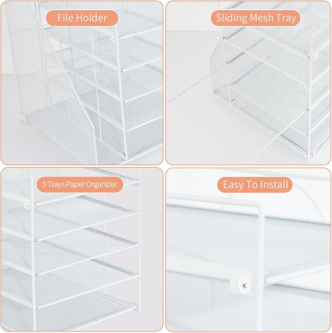 LEKETREE Desk Organizers and Accessories, 5-Tier Paper Letter Tray Organizer with File Holder, Desktop Organizer for Office Supplies (White)