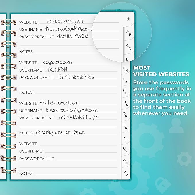 Clever Fox Password Book Spiral – Internet Address & Password Organizer with Laminated Alphabetical Tabs – Password Keeper Journal – Hardcover, Medium Size, 6.1x7.7” (Turquoise)