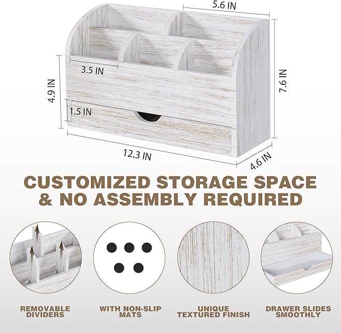 SeekElegant Wood Mail Organizer with Drawer & Pen Holder, White Mail Holder with 5 Detachable Compartments, Desk Organizer for Bill Envelope Storage, for Office Entryway Kitchen Countertop