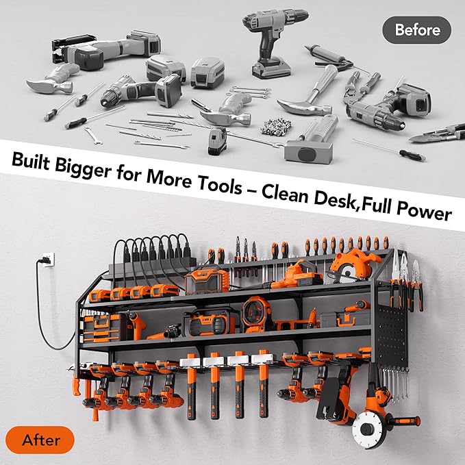 YFFSRJDJ Extra Large Power Tool Organizer Wall Mount with Charging Station, 12 Drill Holders Heavy Duty with 8-Outlet Power Strip, Garage Cordless Drill Storage and Organization, Battery Utility Rack