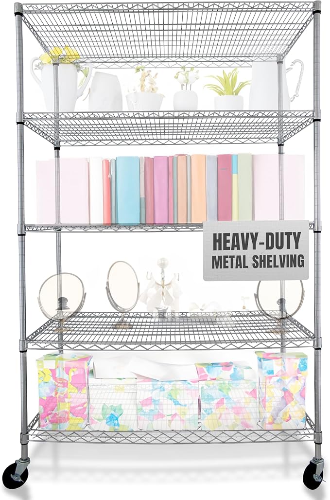 4000 LBS Heavy Duty Metal Shelving Unit – 36x18x76 NSF 5-Tier Wire Rack with Wheels, Adjustable Garage Storage Shelves, Chrome Wire Shelving for Kitchen, Warehouse, Bakers Rack – Crescent