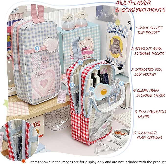 UINSUE Cute Pen case Adorable Bunny Transparent 3-Layer Large Capacity Pencil Case Gadget organizer with Lovely Stickers (Black Plaid)
