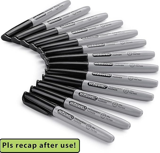 WOSWEL Permanent Markers Bulk, Ultra Fine Point, 48 Pack Black Permanent Marker set, Felt Tip Pens Works on Plastic, Wood, Stone, Metal and Glass for Doodling, Marking