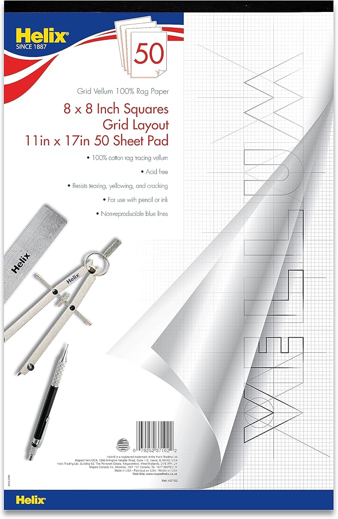 Helix - 100% Rag Vellum Paper Pad - 1 Inch Equals 8x8 Grid - 11 Inch x 17 Inch - 50 Sheet Pad - Acid-Free - Drafting, Art, Sketching and Tracing