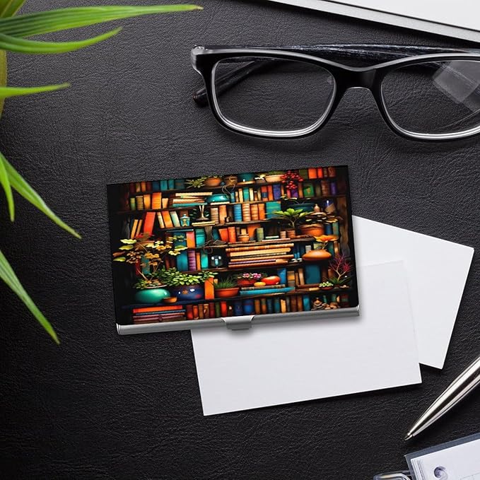 haigof Bookshelf Plant Business Card Holder Business Card Case Metal Business Card Organizer 3.7X2.2 In