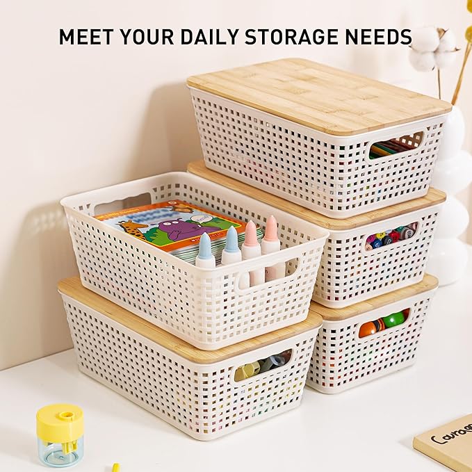 Anywish Storage Bins with Lids 8 Packs, Plastic Storage Bins with Bamboo Lids for Pantry Organization and Storage Containers for Shelves Drawers Desktop Closet Playroom Classroom Office Home, White