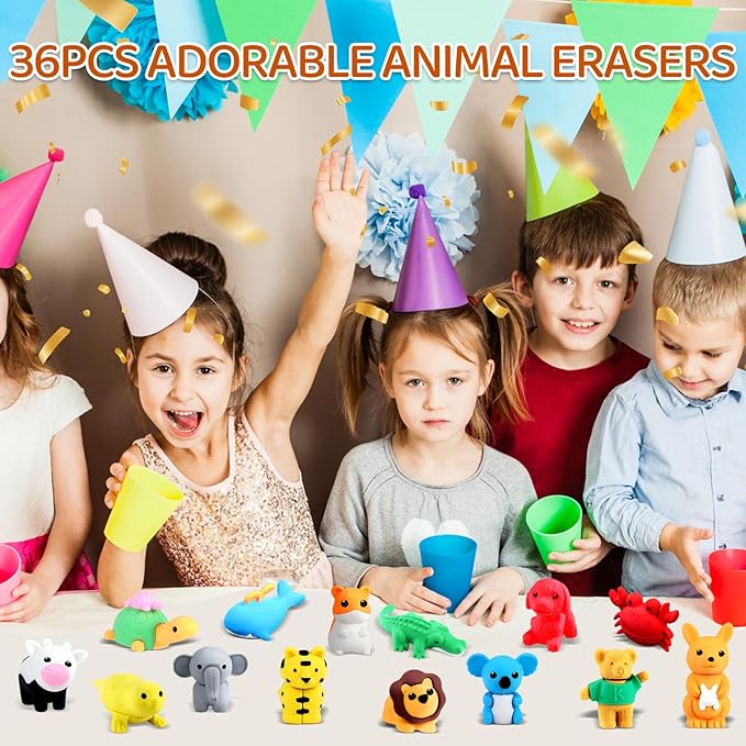URSKYTOUS 36Pcs Animal Erasers Kids Desk Pets Pencil Erasers 3D Puzzle Bulk Mini Animal Eraser Toys Fun Cute Eraser for Classroom Rewards, Game Prizes, Treasure Box, Easter Egg Fillers