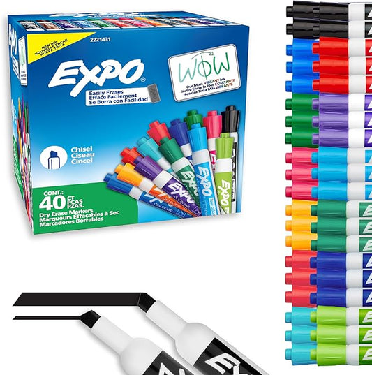 EXPO Dry Erase Markers, Low Odor Ink, Assorted Fashion Colors, Chisel Tip, 40 Count - Whiteboard, Essential Supplies for Office, School, Classroom, Teachers