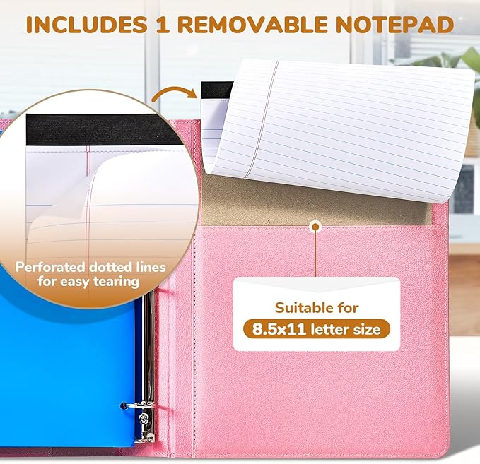 JoyCat 3 Ring Binder Clipboard with Storage,12.4"x10.2"Magnetic Clipboard Folder with 5 Expandable Folders,Refillable Lined Notepad (11" x 8.5"),Ideal for School Office Nursing(Pink)
