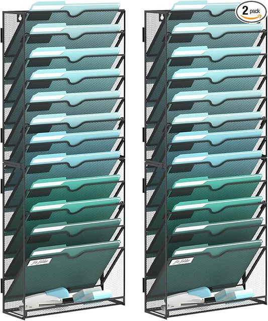 SUPEASY 13-Tier Wall File Organizer, Hanging Wall Files for Papers, Folders, Magazines, Wall Organizer for Clipboard, Assembly Needed, Black, 2 Pack