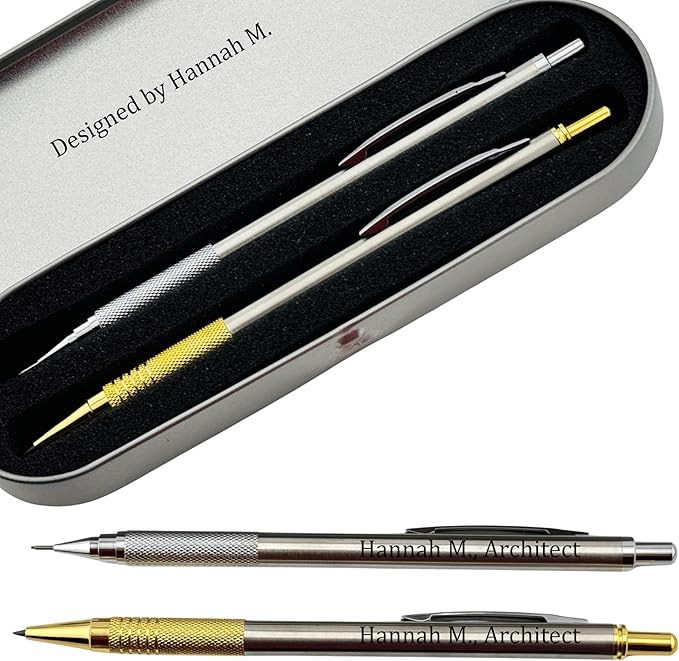 ELMA VADA STUDIO Custom Engraved Mechanical Pencil Set – Personalized 0.7mm & 2.0mm Refillable Drafting Tools – Gift for Architects, Engineers, Students, Designers, Graduation (Pencils Set Engraved)
