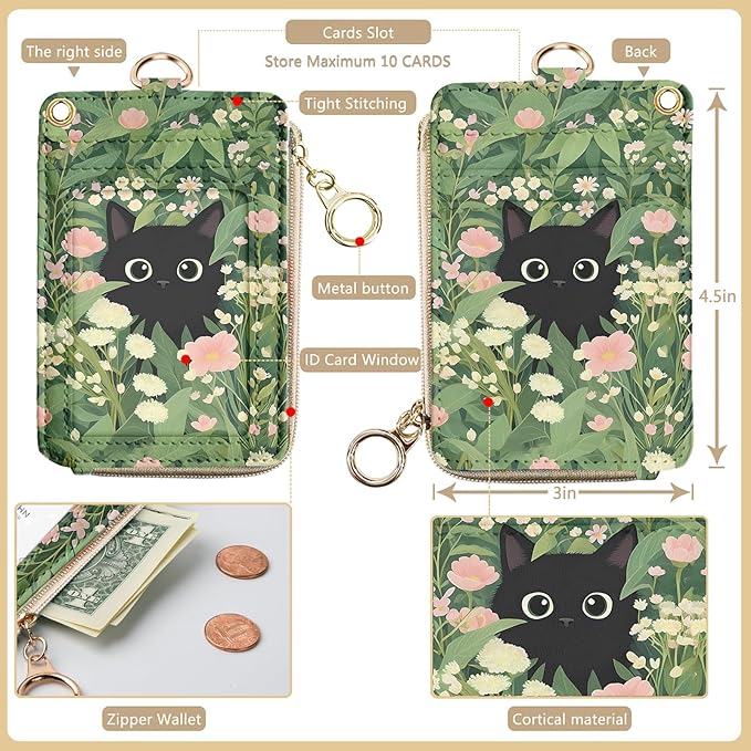bolimoss Black Cat Lanyard Wallet with Id Badge Holder, Cute Flower Zippered Coin Pouch Credit Card Holder, Women Small Wallet with Removable Wristlet & Neck Lanyard, 5 Card Slots, Ring Keychain