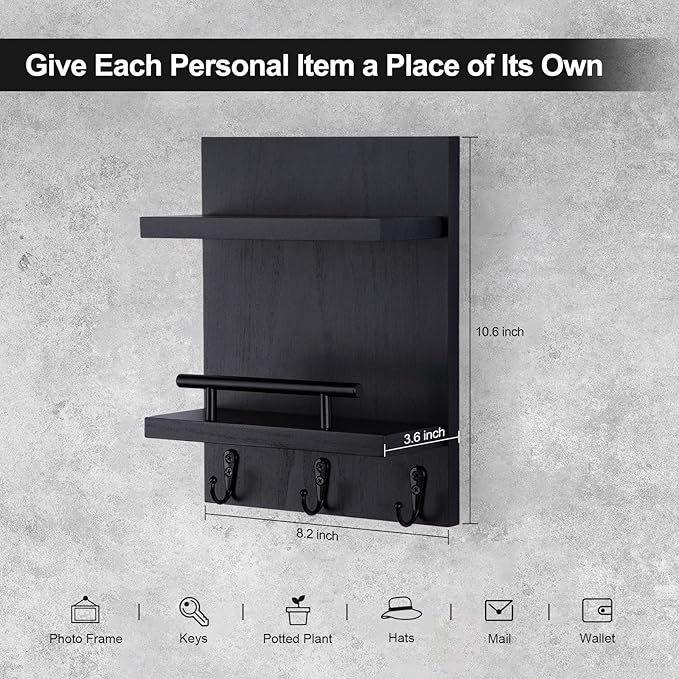 Lucundm Key Holder Wall Mount, Mail Shelf Decor with 3 Key Hooks, Versatile Wood Wall Organizer for Entryway Hallway (8.2” x 10.6”x 3.6”) (Black)