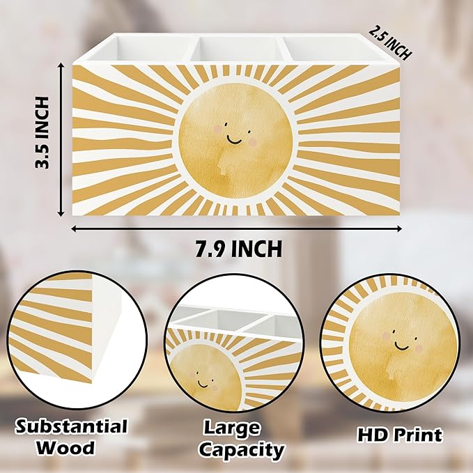 QZQE Boho Yellow Sunshine Pen Pencil Holder Organizer for Desk, Cute Smile Groovy Sun Sunshine Wooden Box Signs Decorations for Kids Room Home Classroom Desk Tabletop