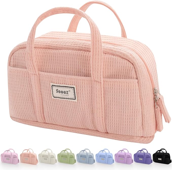 Sooez Large Pencil Case Pouch, Extra Big Pencil Bag with 5 Compartments, Pen Bag Wide Opening, Soft Waffle Pencil Pouch Organizer with Zipper, Cute Aesthetic School Supplies for Girls-Pinkish Orange