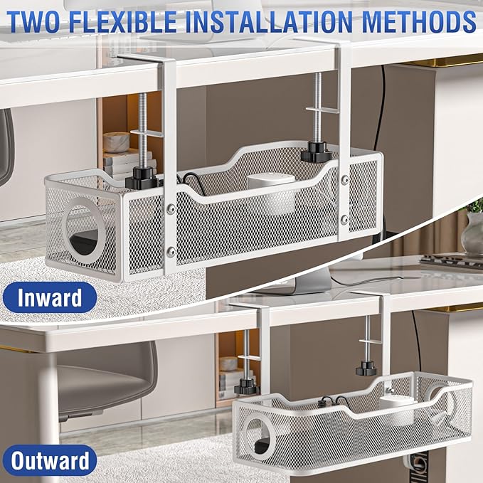 Under Desk Cable Management Tray, GZOKMOG Cord Management with Upgraded Clamp No Drill, Metal Cable Management Box for Home Office, Wire Management for Standing Desk, 1 Pack White, 13.38 inch