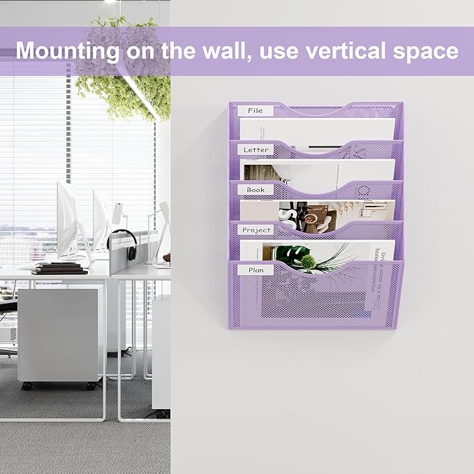 EasyPAG 5 Pocket Mesh Wall File Organizer, Hanging Paper Folder Holder with Classify Label, Vertical Wall Mount Mail Organizer for Office Home Classroom, Purple