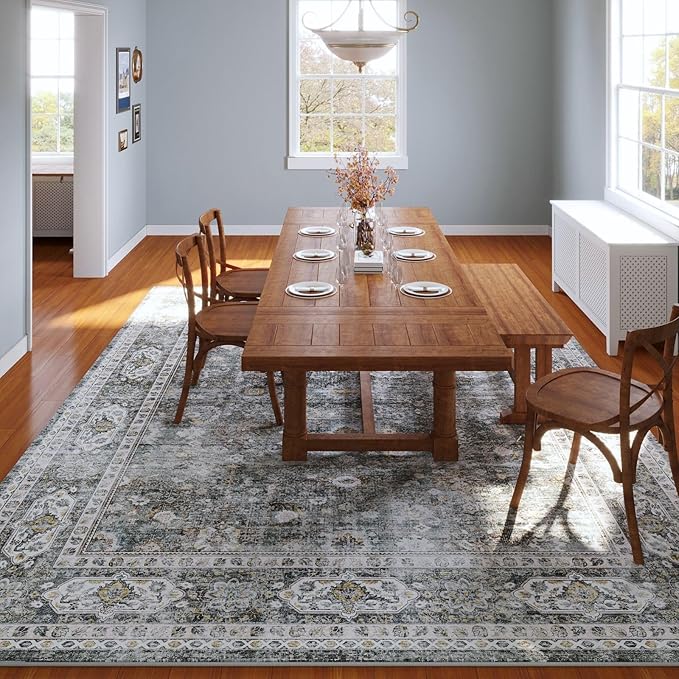 Rugcomf Area Rug 5x7 Washable Rug Boho Soft Non-Slip Non-Shedding Faux Wool Vintage for Living Room, Bedroom Rug, Farmhouse, Dining Room, Indoor, Kids Playroom (Grey)