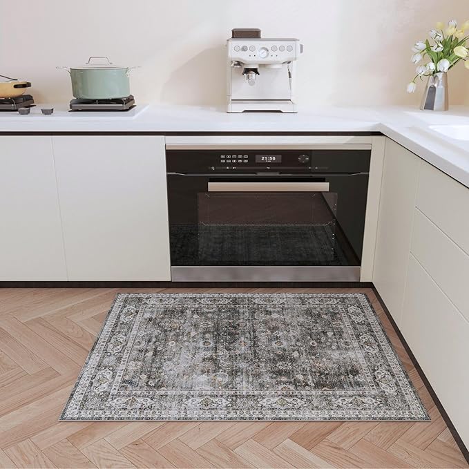 Rugcomf 2x3 Rug Washable Boho Rug Soft Small Area Rug Non-Slip Non-Shedding Faux Wool Vintage Rug for Door Mat, Kitchen, Floor, Entryway, Powder Room (Grey)