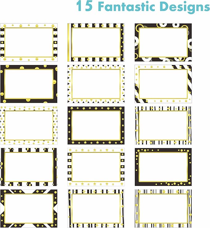 405 PCS Gold Metallic Name Tag, Blank Name Labels in 15 Designs with Permanent Adhesive Writable White Name Tag Stickers for School Office Home (Each Measures 3" x 2")