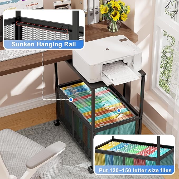 Sbanmao Rolling File Cart, Mobile Hanging File Cabinet with Wheels, Filing Cabinet Organizer Printer Stand File Organizer File Cabinet for Home Office, Black (120~150 Letter-Size Files)