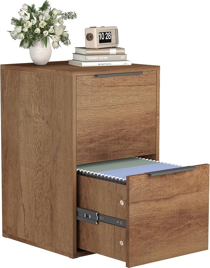 FATIGOS Wooden 2 Drawer File Cabinet, Wood Vertical Filing Cabinet Fits Hanging Files Letter Size for Home Office, Walnut