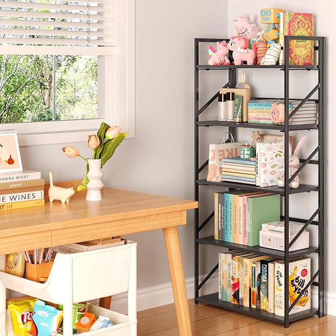 JSB No Assembly Folding Bookshelf, 5 Tier Industrial Metal Book Shelf for Storage, Vintage Wood Foldable Bookcase for Living Room, Bedroom, Office Organization Shelves