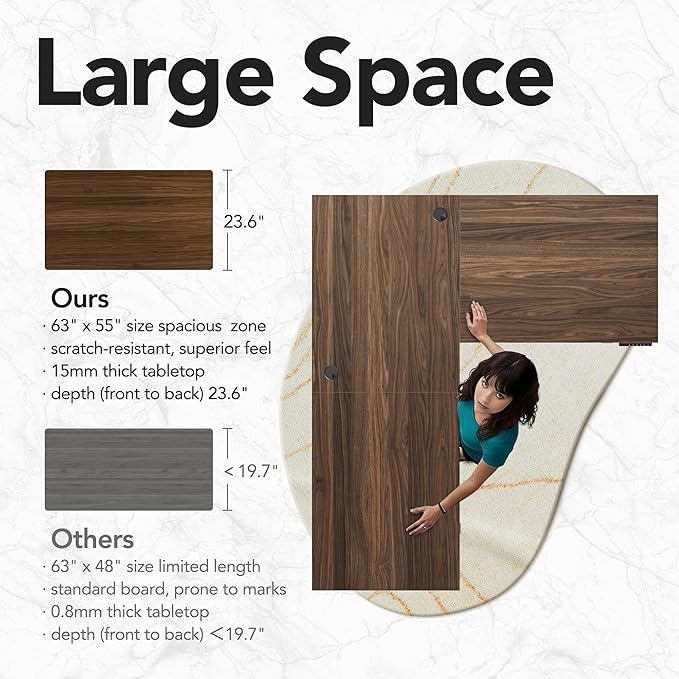 HUANUO Electric L Shaped Standing Desk, 63″x55″ Height Adjustable Corner Computer Desk with 2 Under Desk Drawers & Open Storage Sapce, Sit Stand Up Table with Power Strip Tray & Cable Grommets, Walnut