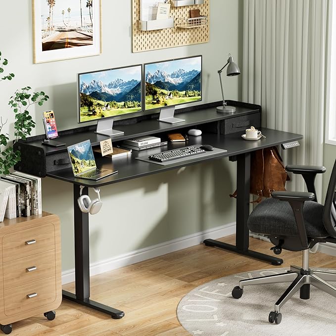 Homall Electric Standing Desk with 2 Drawers, Adjustable Height Computer Desk with Storage Sit Stand Table with Storage Shelf and Splice Board Quick Install for Home Office (Black, 63 Inch)