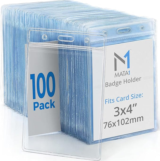 Mata1-USA Plastic Extra-Thick Vertical ID Card Holder (Clear, 3x4 Inch, 100 Pack), Large Size No Zipper Name Badge