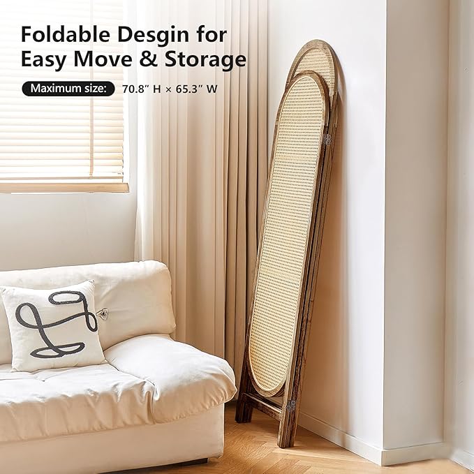 Asnefeli Wood Room Divider 3 Panels, Folding Rattan Room Divider Wall, Unique Design Folding Portable Partition Screen, Foldable Privacy Screen Wall Divider for Home Office Restaurant Bedroom (Brown)