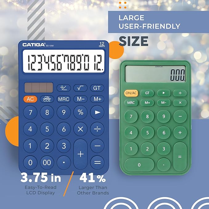 CATIGA 12 Digit Desktop Calculator Basic Desk Calculator with Large LCD Display, Big Buttons, 4 Function, Solar and Battery Dual Power, for Office, School, Home, SD-1292 Navy Blue