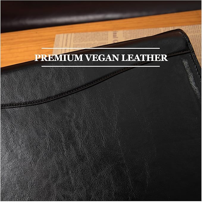 Geslun Vegan Leather Portfolio, Legal Size 8.5 x 14 Pad Holder, Business Padfolio for Men and Women, Zippered 14" Laptop Organizer, Executive Professional Work Travel Notepad Folio, Black