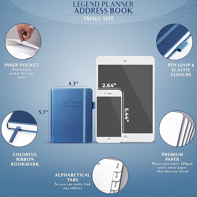 Legend Planner Address Book with Alphabetical Tabs – Mini Telephone Address Book for Phone Numbers, Addresses, Email Contacts, Passwords & Important Dates –Small Size,11x14.5cm,Hardcover (Mystic Blue)
