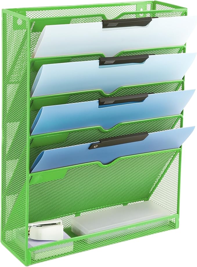 EASEPRES 6 Tier Mesh Hanging Wall File Organizer, Desk Vertical Mail Paper Document Folder Holder Rack with Bottom Tray and Nametag Label for Office Home School, Green