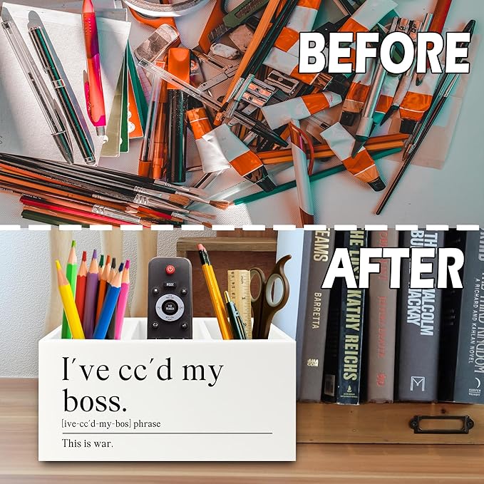 XPH Funny Office Pen Pencil Holder Organizer for Desk, Coworker Gifts for Women Men, I've Cc'd My Boss Funny Wooden Box Sign for Home Office Workplace Desk Tabletop Decorations