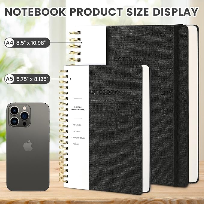 Oneirom Spiral Notebook - 8.5 x 10.98 Inch Large Hard Cover Notebook with Elastic Band & Pocket, 252 Pages, Lay Flat Wirebound Journal for Work, School, Planning & Note Taking Black