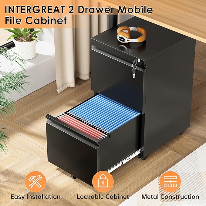 INTERGREAT 2 Drawer File Cabinet with Wheels, Metal Filling Cabinet with Lock, Locking Office Mobile Cabinet with Wheels for Legal/Letter Size, Under Desk, Easy Assemble, Black