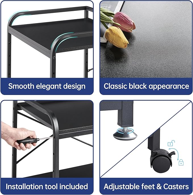 Fannova 2 Tier Under Desk Printer Stand with Storage, 20 Inches Deep Large Printer Table with Height Adjustable Shelf, Rolling Printer Cart with Wheels for Home Office - Black