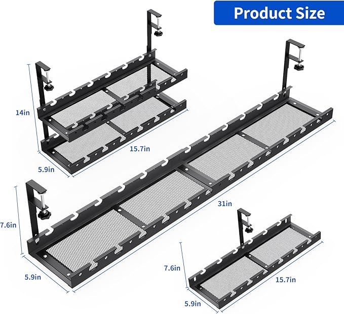 WIGAKDRU 31Inch Extendable Under Desk Cable Management Tray Multi-Model Metal Cable Management Tray Under Desk Cord Management with Clamp Power Strip Cord Holder for Wire Cable Management