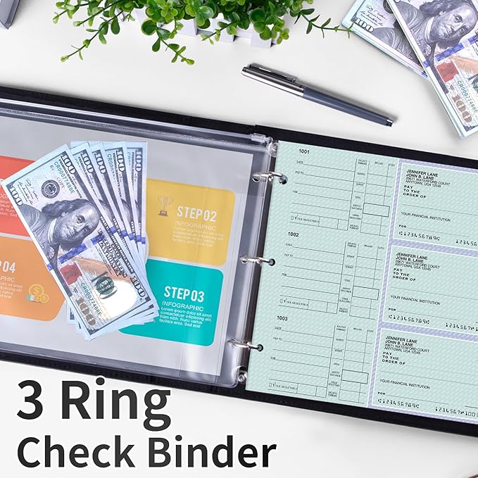 Antner 3 Ring Personal Check Binder for 3-on-a-Page End-Stub Deskbook & Personal 3 Holes or 9 Holes Small Size Checks, PU Leather Check Holder Checkbook Binder Cover with Zipper Pouch, Black