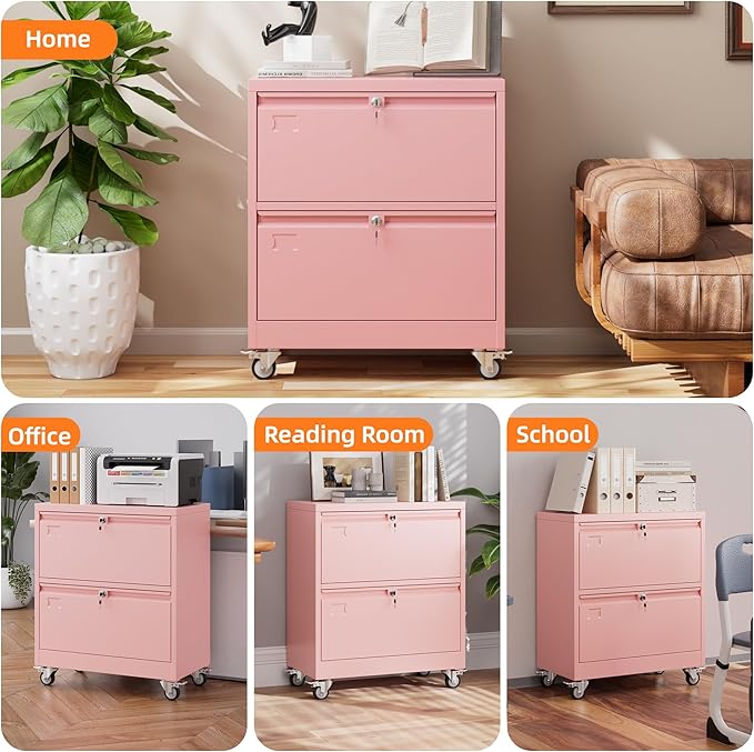 METAN Upgrade 2 Drawers Lateral File Cabinet on Wheels,Steel Office Filing Storage Cabinet with 2 Locks,Assembly Required,Pink