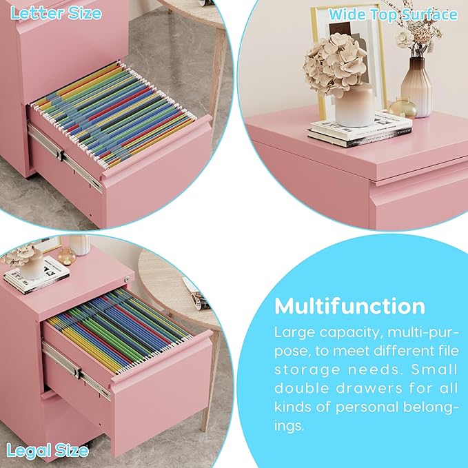 METAN 2 Drawer File Cabinet with Lock, Mobile Under Desk Filing Cabinet for Office Legal/Letter Size, Fully Assembled Except Wheels,Pink