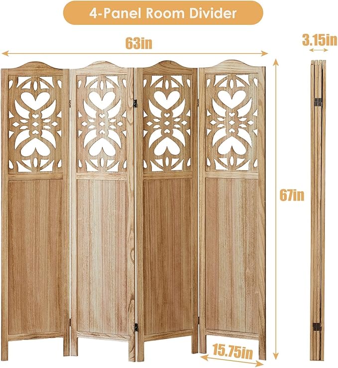 ALeesing 4 Panel Room Divider Fully Assembled, Carved Room Dividers and Folding Screens, 5.6Ft Wood Room Divider Screen Freestanding Partition Wall Dividers for Home Bedroom Office, Rustic Wood Color