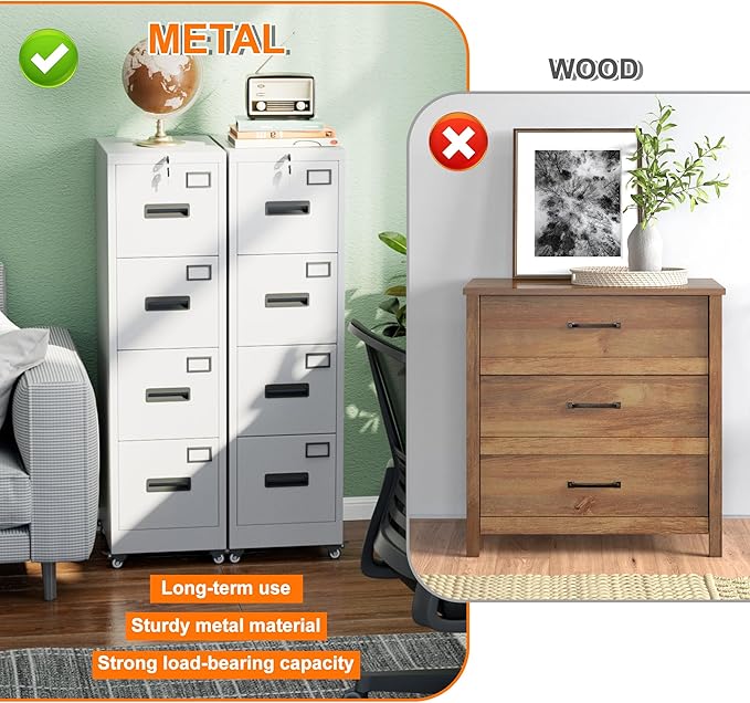 METAN 4 Drawer File Cabinet on Wheels, Lockable Metal Filing Cabinet with Handle and Name Card for Office Home,Assembly Required,White